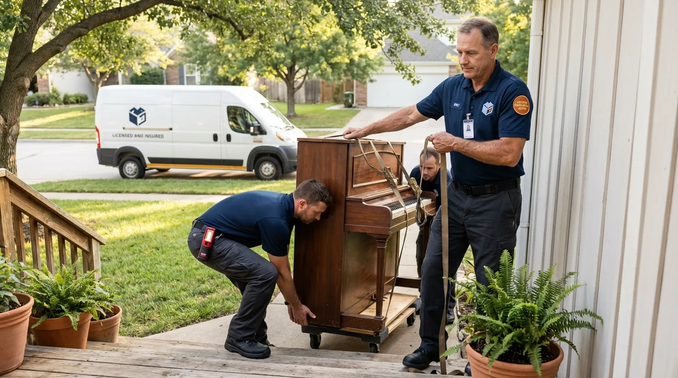 Licensed piano movers securing grand piano in Huntsville, AR