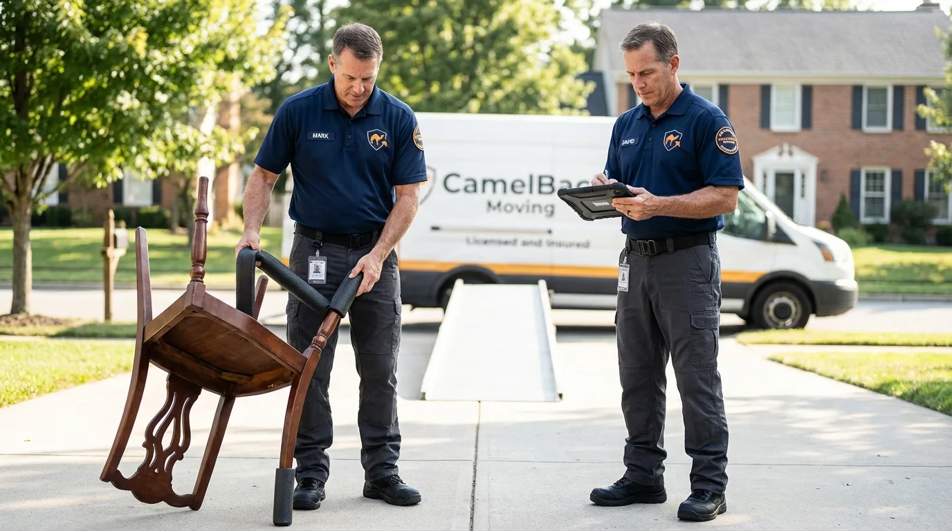 Movers inspecting furniture for damage prevention before loading in Huntsville, AR