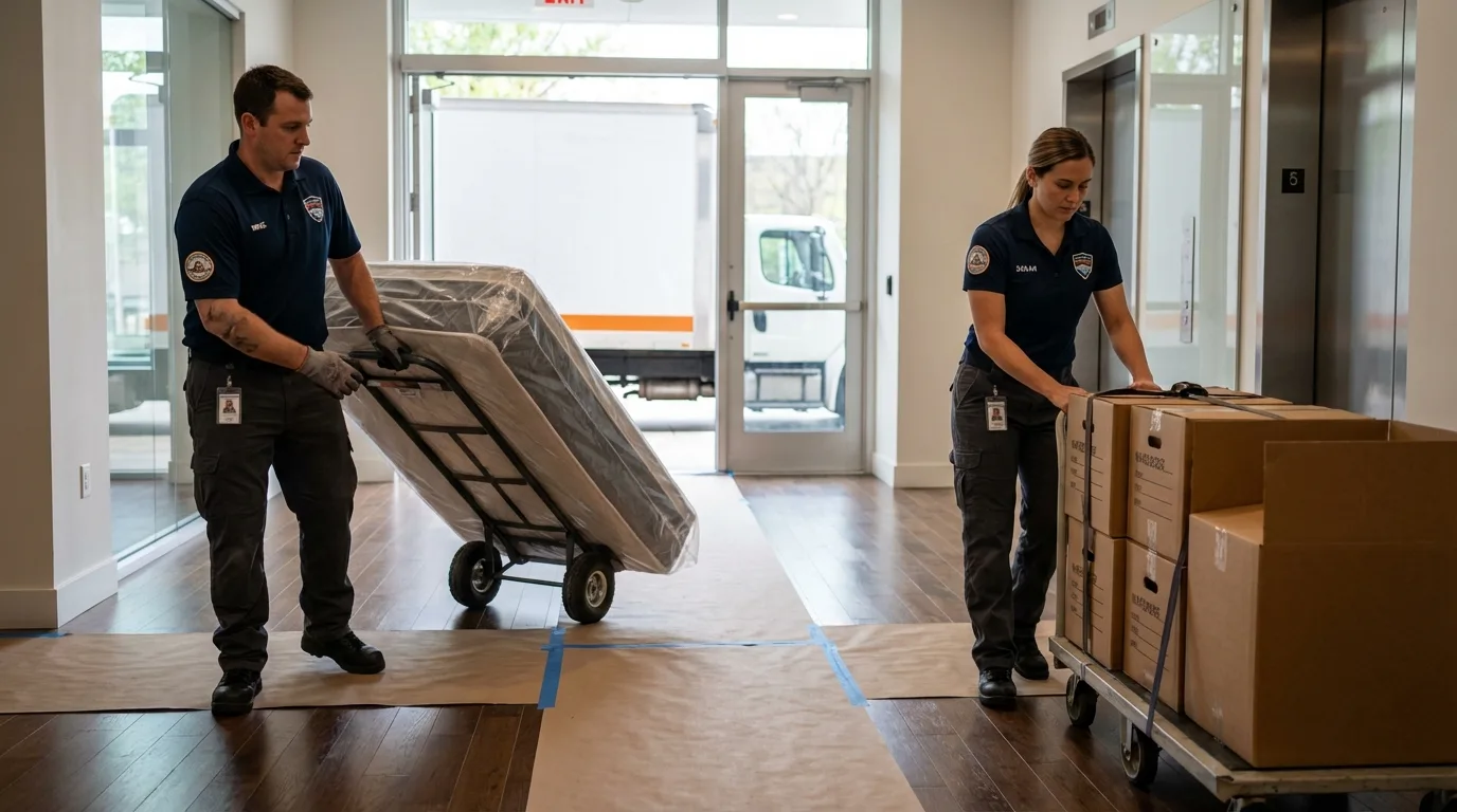 Professional apartment movers loading elevator in Huntsville, AR