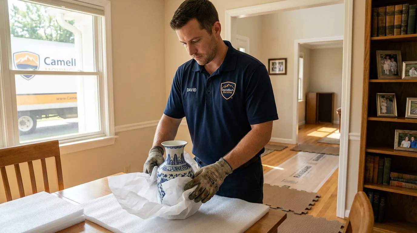 Professional crew carefully wrapping antique vase for senior downsizing move in Huntsville, AR